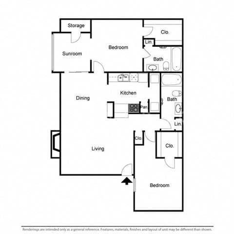 Floor plan for 2 beds, 2 baths, 1086 sqft